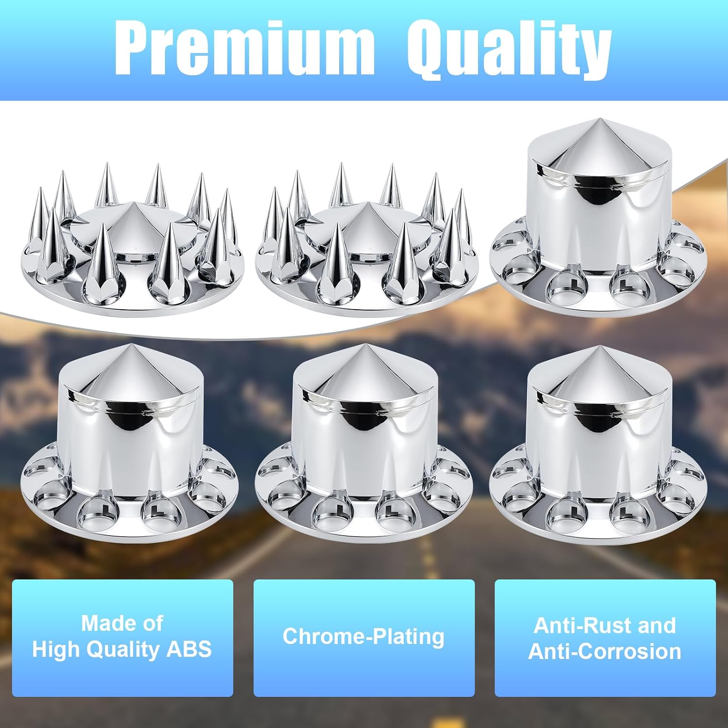 ABS Chrome Plastic Front Axle and Rear Cover Kits with 33mm Push-on Flange Nut Covers for Semi Trucks in Pairs, Spiked, 2+4 Set