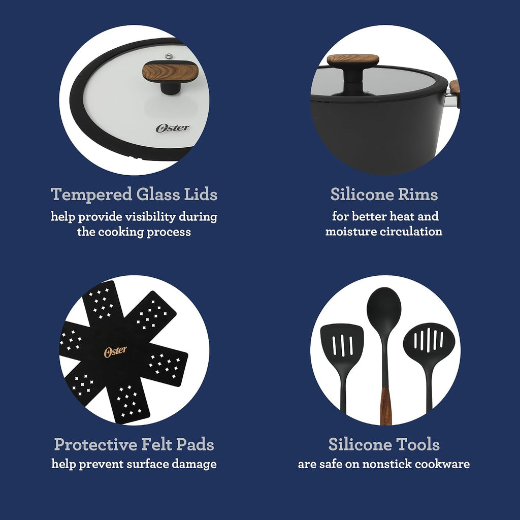 Oster Platinum Oxburg 14 Piece Forged Aluminum PFA Free Non-toxic Premium Ceramic Non Stick Interior Cookware & Kitchen Tools Set - Black w/Wood Handles