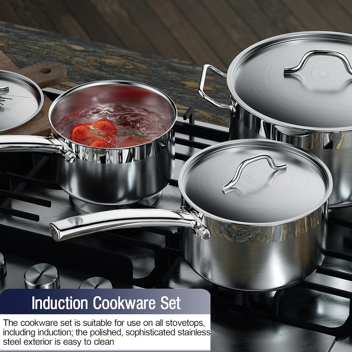 Cooks Standard Professional Cookware Set, Stainless Steel Pots Kitchen Set Includes Saucepans, Sauté Pan, Dutch Oven with Lids - Induction Compatible, 8-Piece