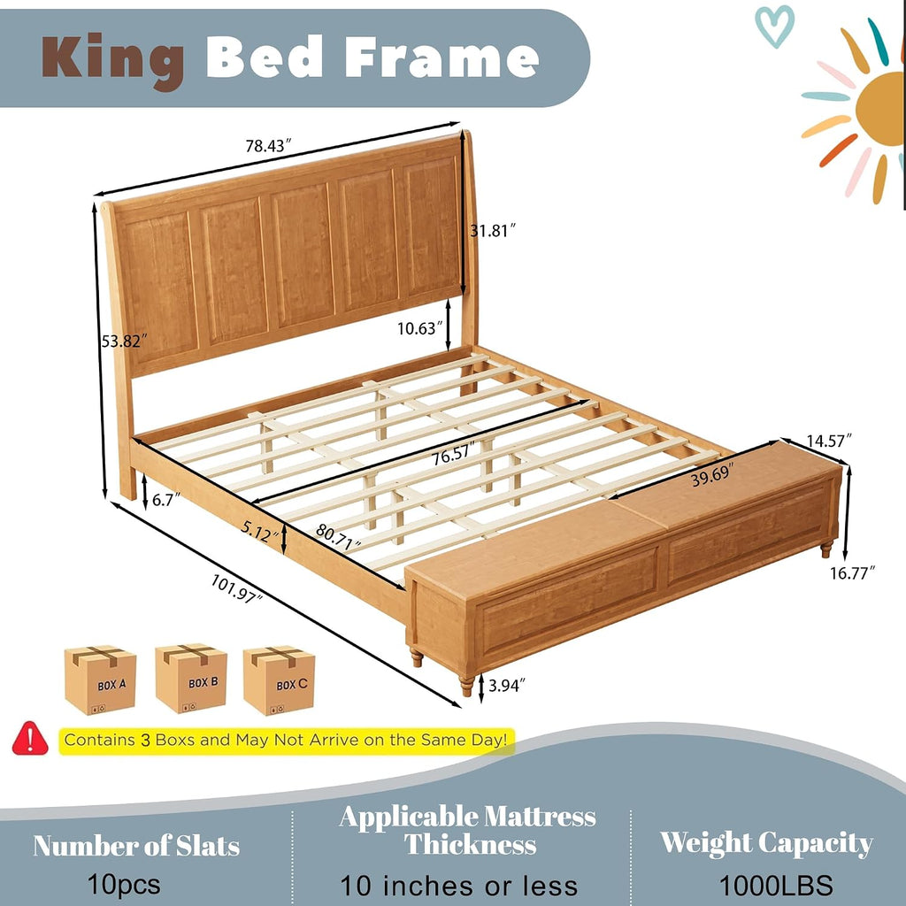 King Bed Frame with 53' Tall Headboard and Storage Bench, Solid Wood King Size Platform Bed with 64' Footboard Storage Chest,Heavy Duty Slats System,No Box Spring Needed, Natural