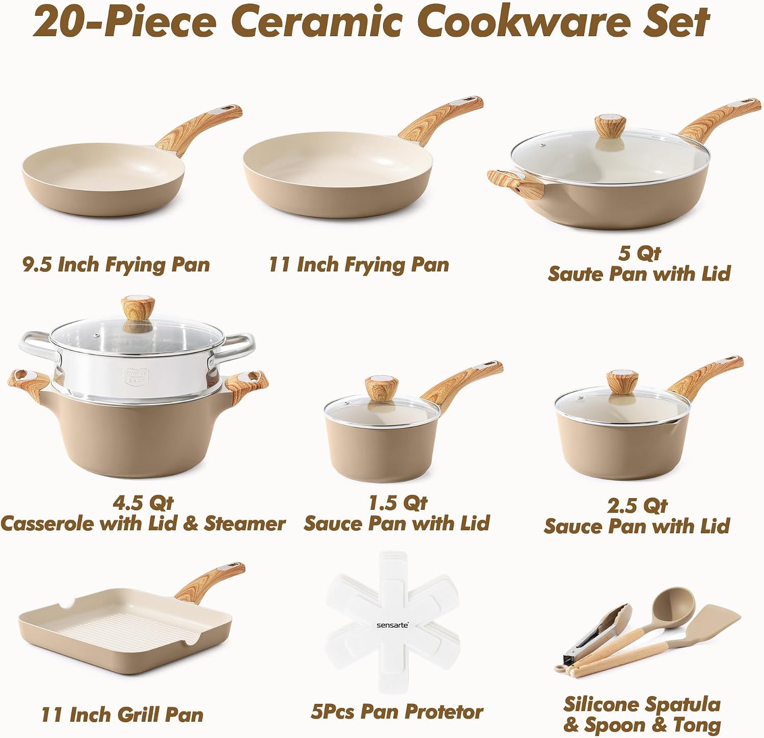 SENSARTE Ceramic Cookware Sets, Pots and Pans Set Nonstick, 20-Piece Induction Cookware, Non-toxic Healthy Non Stick Kitchen Cooking Set with Stay-Cool Handles, PFAS PTFE PFOA PFOS Free