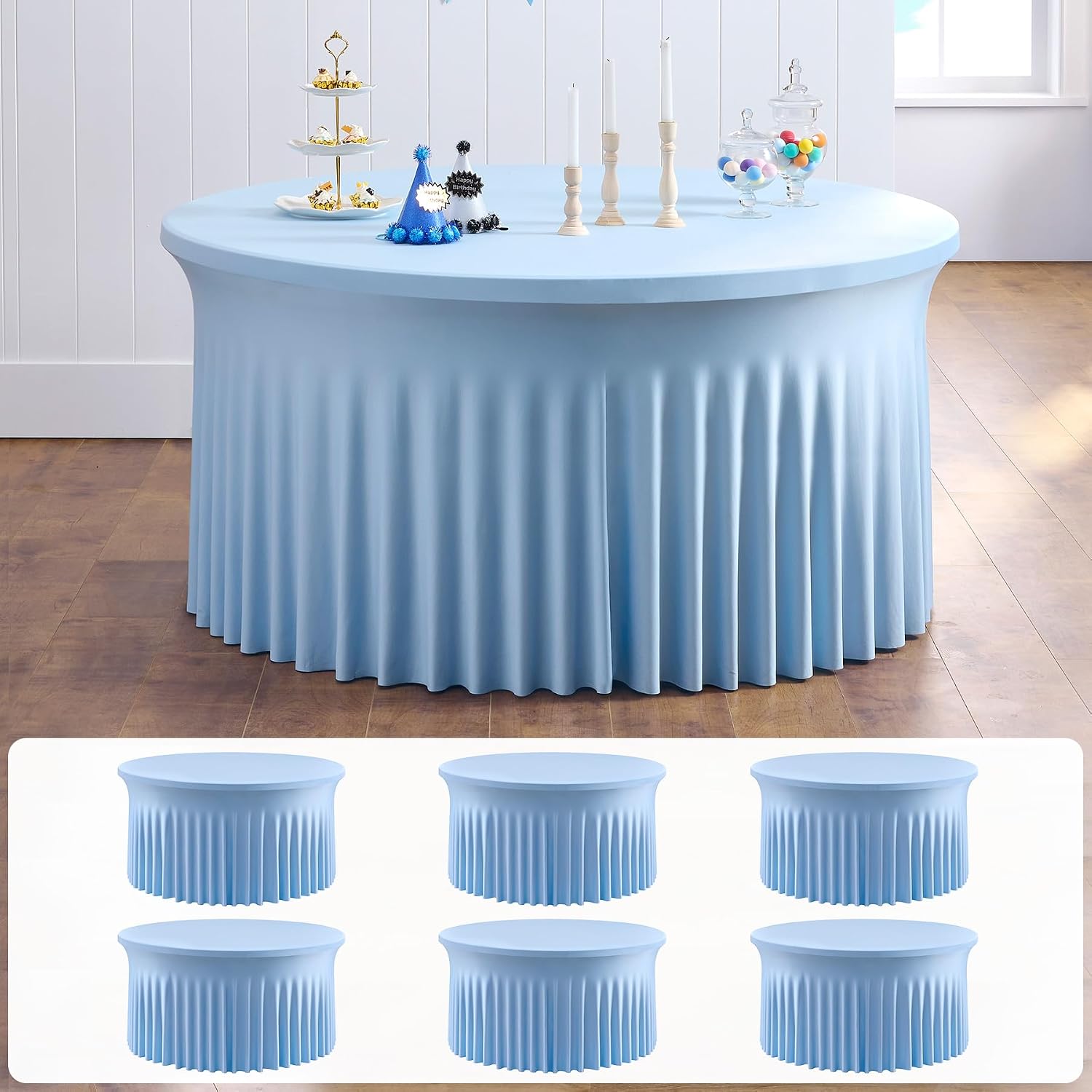 6 pk Blue Round Spandex Tablecloths 60 in with Ruffled Skirt,Wrinkle Free High-Stretch 120 inch Table Cloth Round Fitted 5ft Tables Baby Blue Spandex Table Covers 5ft for Party Wedding Banquet