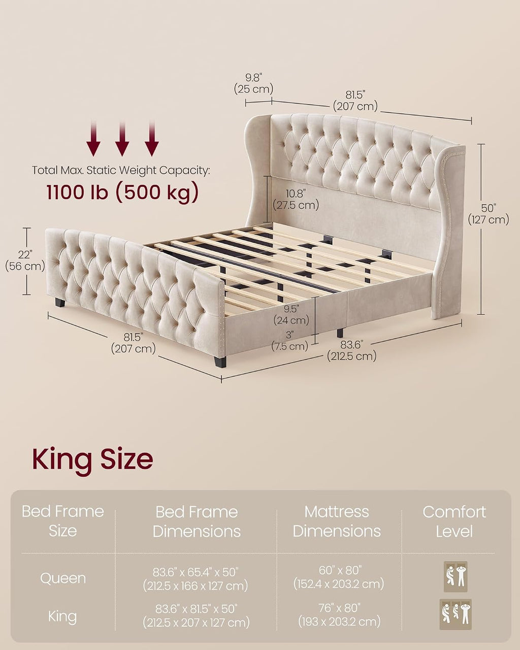 VASAGLE King Bed Frame with Tall Headboard, Upholstered Platform Bed Frame King Size, with Wingback Tufted Headboard and Footboard, Wooden Slats, No Box Spring Needed, Cappuccino Beige URMB884W01