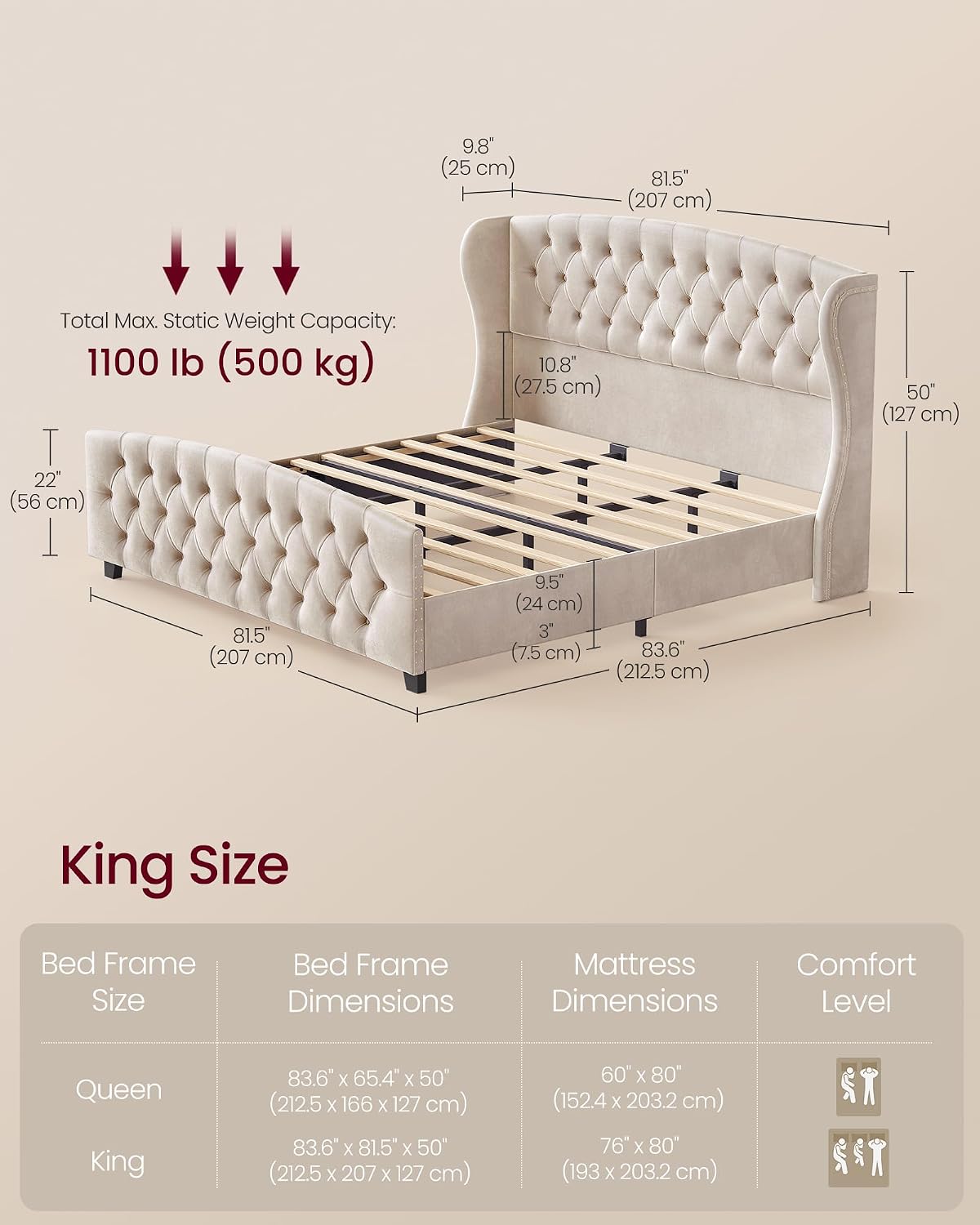 VASAGLE King Bed Frame with Tall Headboard, Upholstered Platform Bed Frame King Size, with Wingback Tufted Headboard and Footboard, Wooden Slats, No Box Spring Needed, Cappuccino Beige URMB884W01