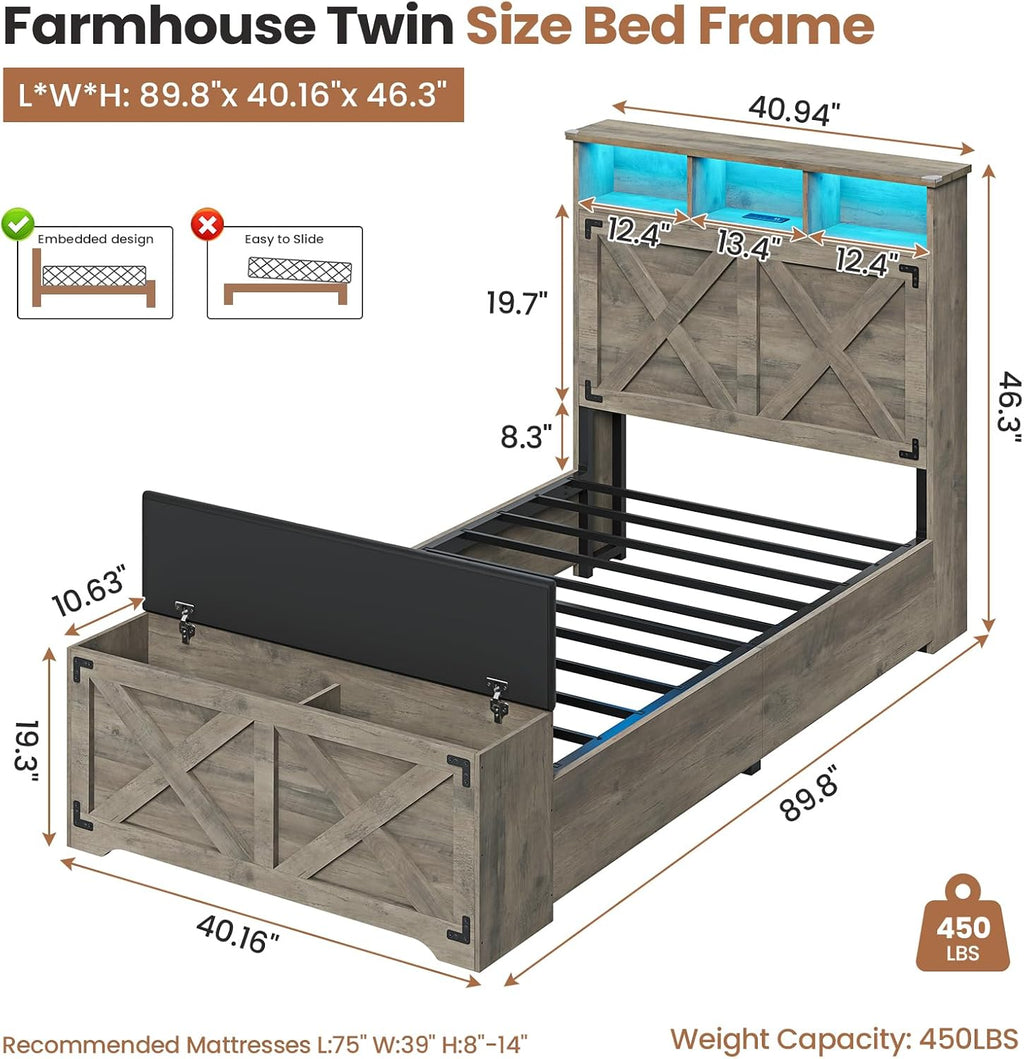 Hasuit Farmhouse Bed Frame Twin Size with Storage Headboard, Charging Station and LED Light, Wooden Twin Bed Frame with Storage Ottoman, Barn Door Design, No Box Spring Needed, No Noise (Oak Grey)