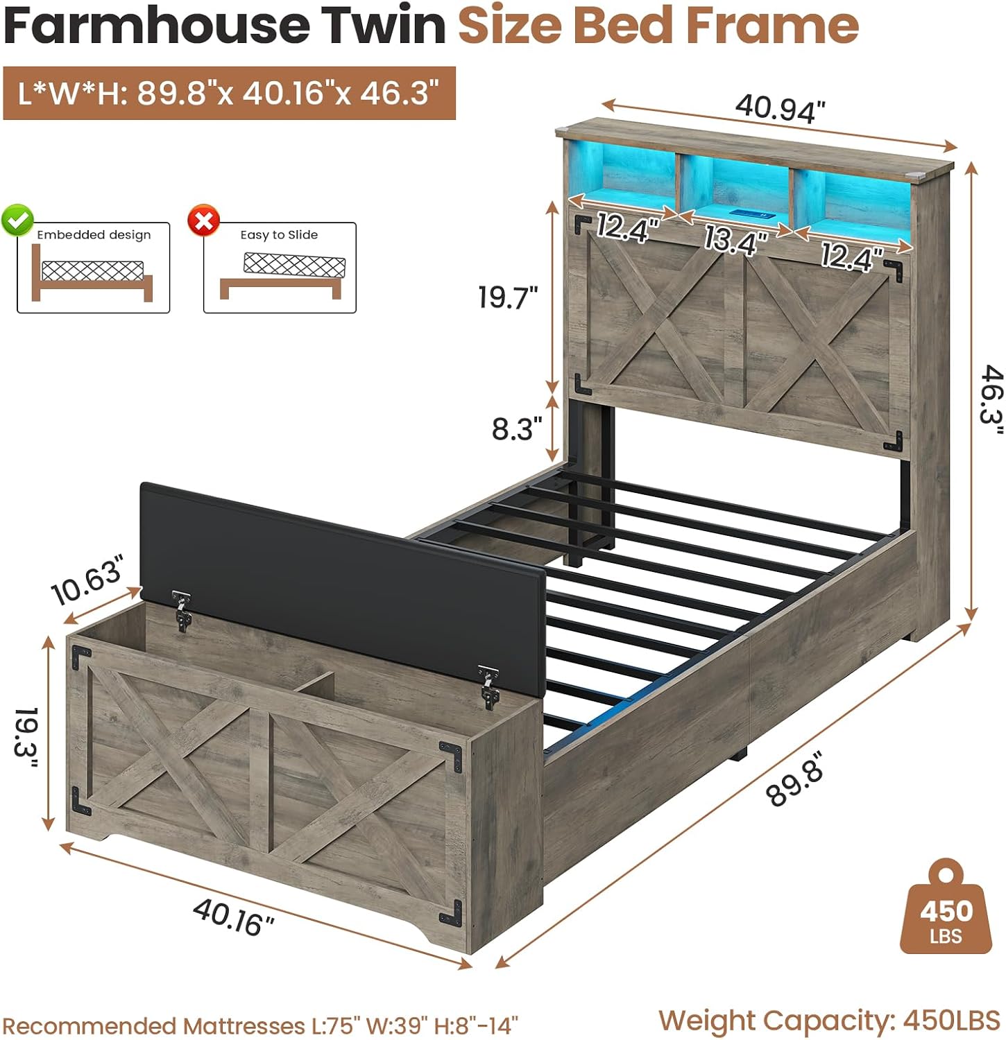 Hasuit Farmhouse Bed Frame Twin Size with Storage Headboard, Charging Station and LED Light, Wooden Twin Bed Frame with Storage Ottoman, Barn Door Design, No Box Spring Needed, No Noise (Oak Grey)