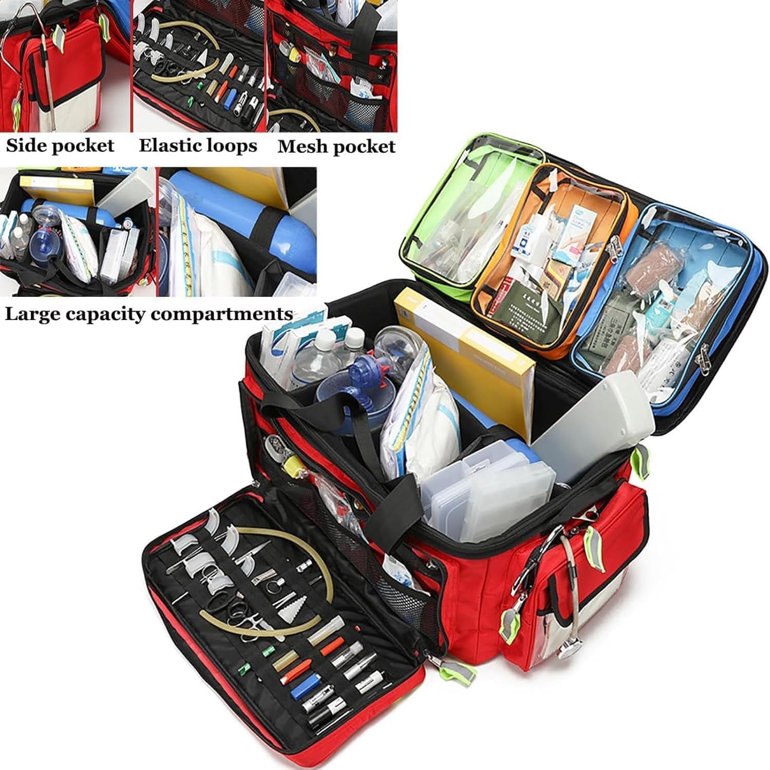 Portable First Aid Kit Bag, Large Capacity Outdoor Emergency Medical Duffle, Trolley with Inner Dividers