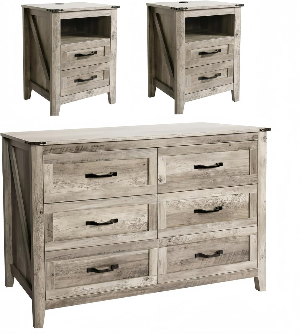 NEDYO 3PCS Farmhouse Dresser and Nightstand Sets, 6 Drawer Dresser and 2 Drawer Nightstand Set of 2 with Charging Station, Rustic Wooden Dresser Set for Bedroom. Light Rustic Oak