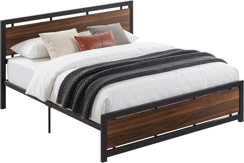 LIKIMIO King Bed Frame with Headboard and Footboard, Metal Strong Supports, Easy Assembly, Noise-Free, No Box Spring Needed, Dark Walnut