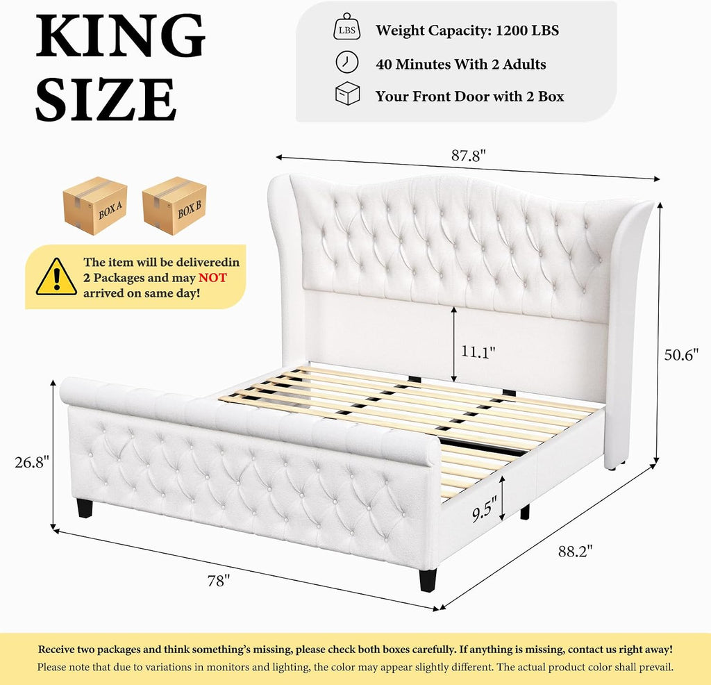 koorlian King Bed Frame,Chenille Upholstered Sleigh Bed with Scroll Wingback Headboard & Footboard,Luxury & Soft Button Tufted Modern King Bed,Easy Assembly,No Box Spring Needed