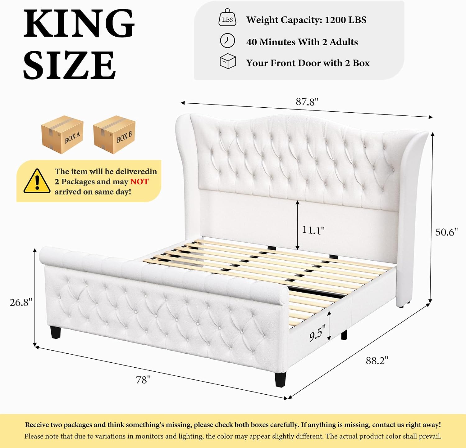 koorlian King Bed Frame,Chenille Upholstered Sleigh Bed with Scroll Wingback Headboard & Footboard,Luxury & Soft Button Tufted Modern King Bed,Easy Assembly,No Box Spring Needed