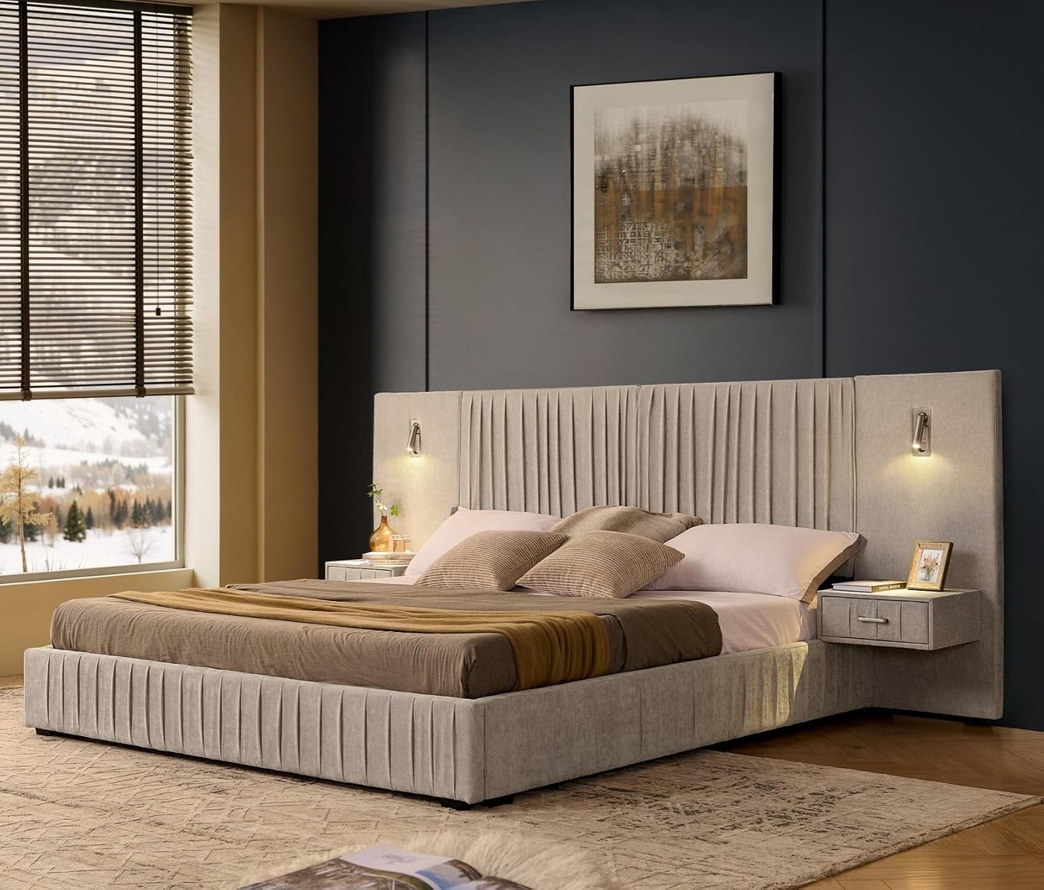 KEIKI King Size Chenille Bed Frame with 2 Nightstands, Lamps & Oversize Headboard, Solid Wood Frame Platform Night Stand Bedroom Set, Upholstered Floor Grounded Bed, No Box Spring Needed, Beige
