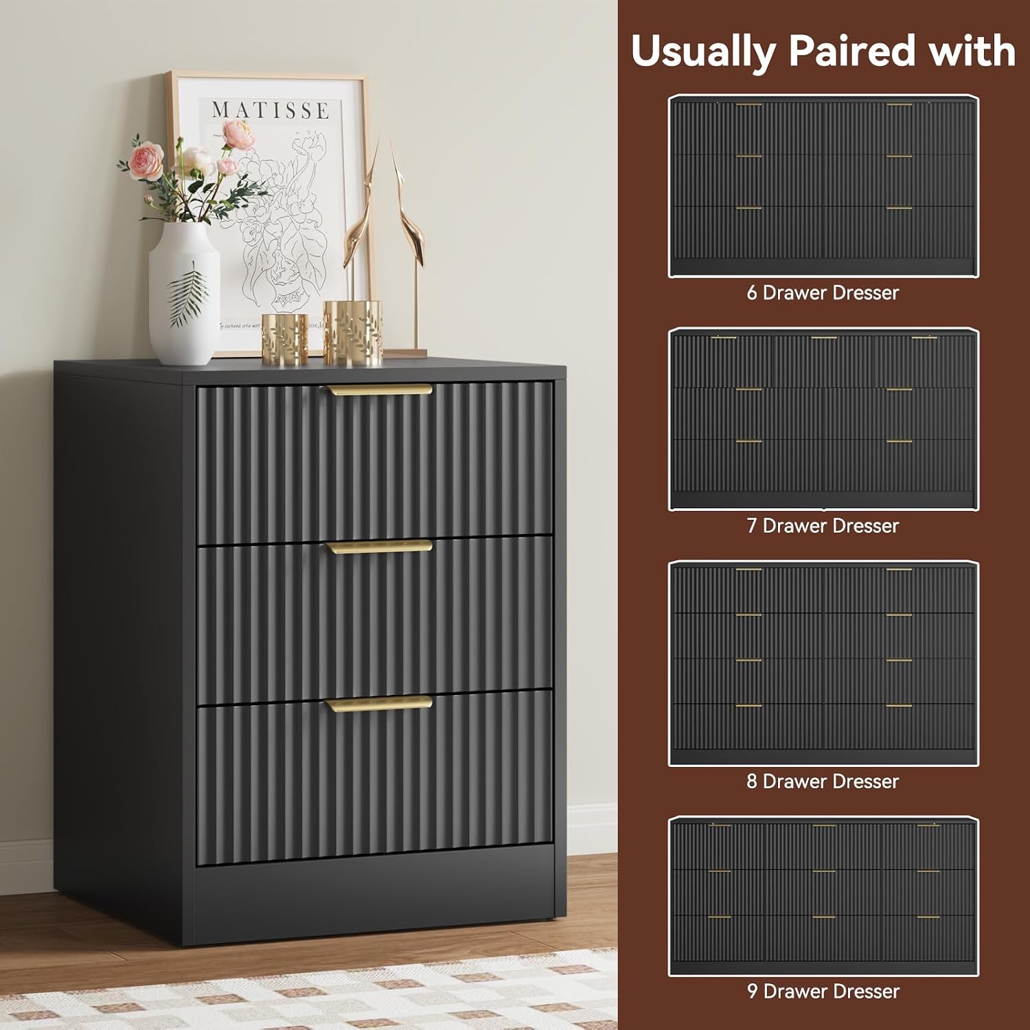 Black Fluted Dresser & Nightstand Set 3-Piece, Long 6 Drawer Dresser and Night Stand Set of 2 with Metal Handle, Fluted Modern Wood Chest of Drawers Storage Dressers Set for Bedroom, Black