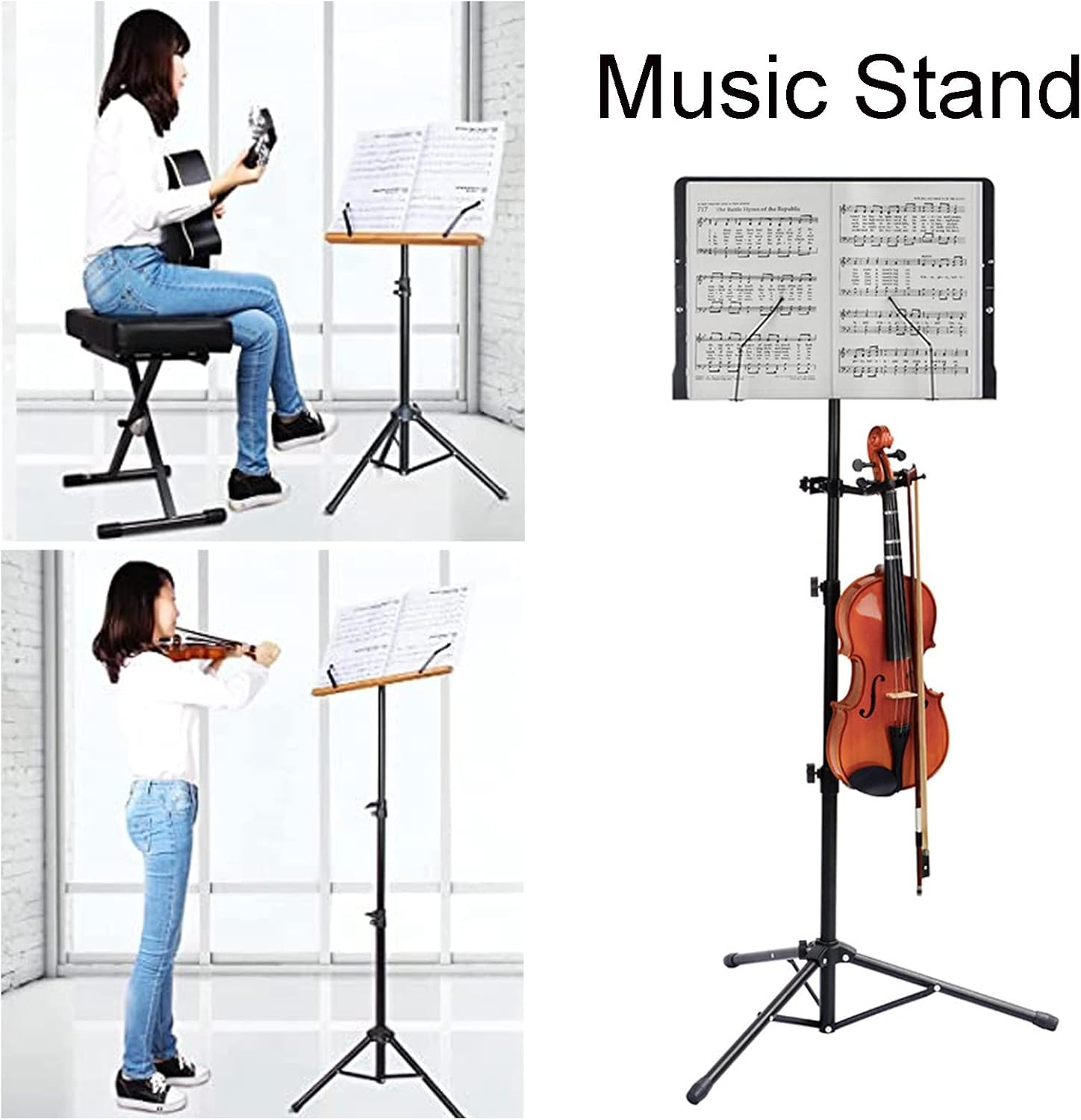 Foldable Music Stand for Sheet Music, Music Stand with Phone Holder Microphone Holder, Music Stand, Comes with A Bag for Easy Storage and Transport, Easy to Install,