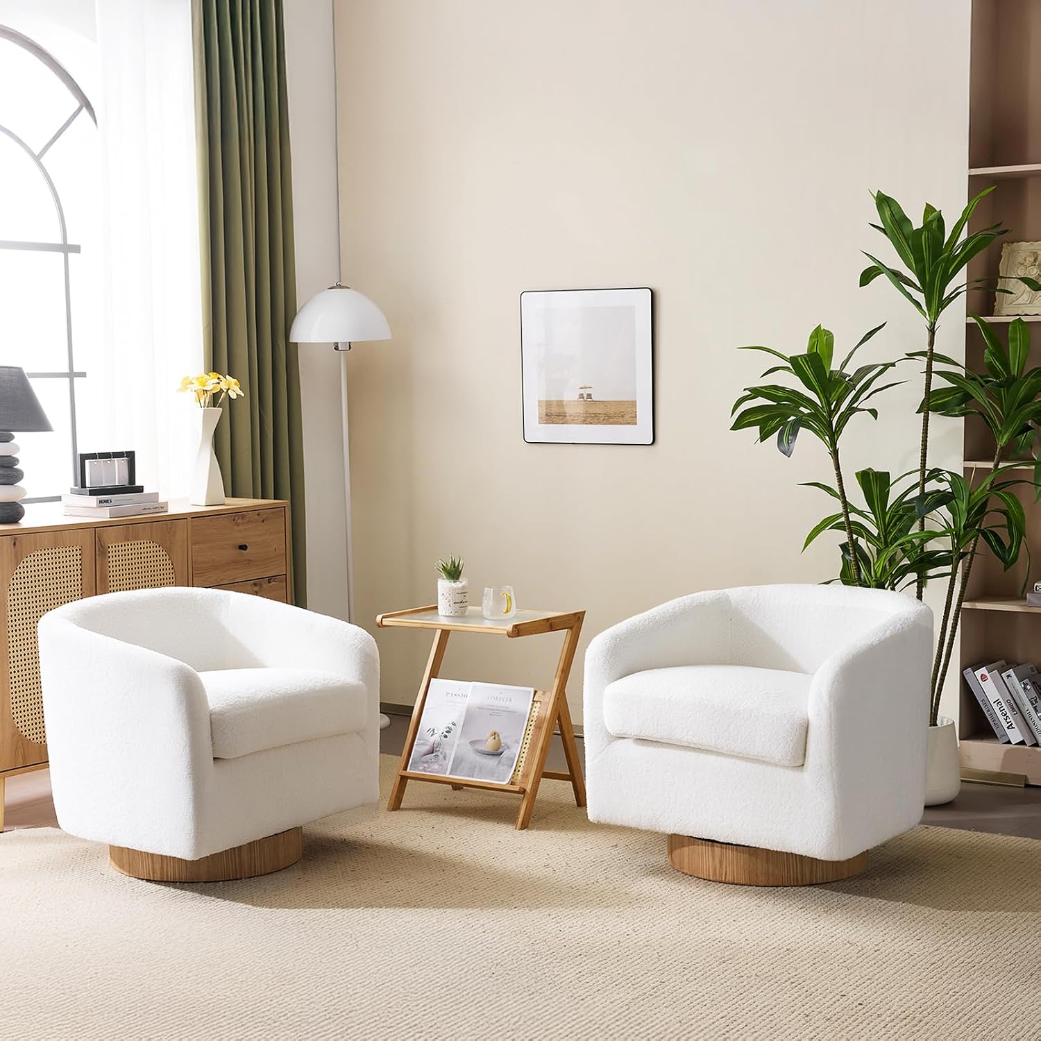 VINGLI 360°Swivel Accent Chairs Set of 2 with Engineered Wood Base and Removable Cushion for Living Room, Bedroom, Curved Back Barrel Chairs for Small Space, Upholstered Bucket Armchairs, Teddy White