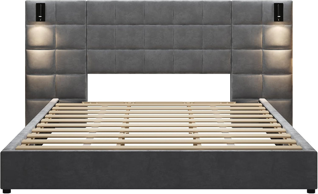 Merax California King Size Upholstered Velvet Bed Frame, with Wall Sconce and USB Port, Wide Headboard for Bedroom, (Without Bedside Tables & Mattress), Gray