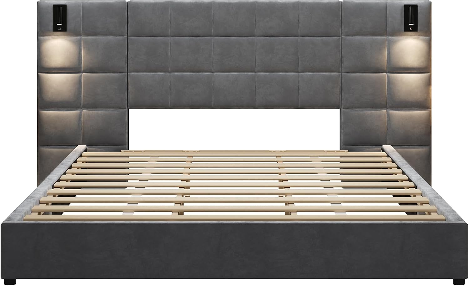 Merax California King Size Upholstered Velvet Bed Frame, with Wall Sconce and USB Port, Wide Headboard for Bedroom, (Without Bedside Tables & Mattress), Gray