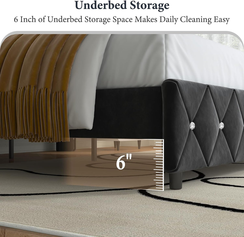 Lullabyre Queen Size Bed Frame, Upholstered Bed Frame with Diamond Tufted Headboard, Modern Silverside Wingback, No Box Spring Needed, Easy Assembly, Black