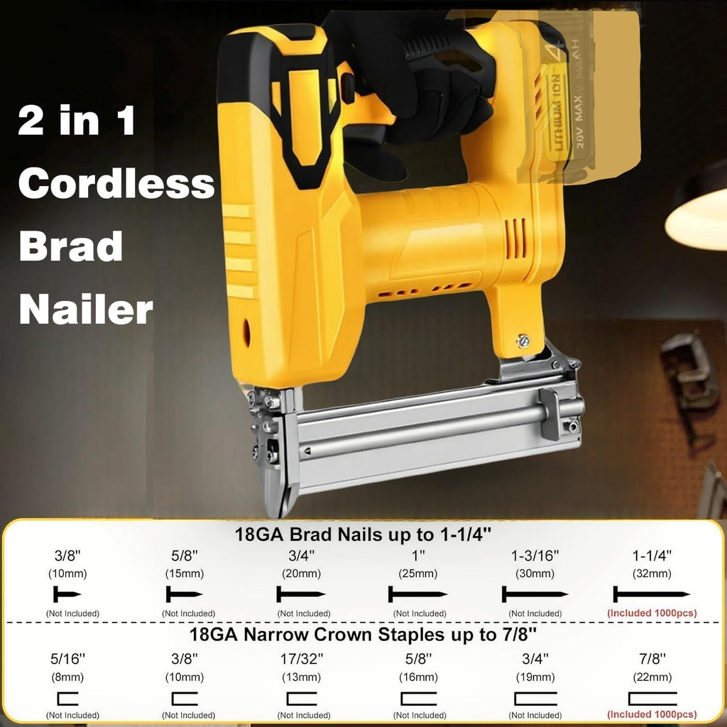 2 in 1 Cordless Brad Nailer Compatible with De wa-lt Battery, 18 Gauge Electric Nail Gun/Staple Gun with 1000 Nails & 1000 Staples for Upholstery Carpentry & Woodworking (Battery Not Include)
