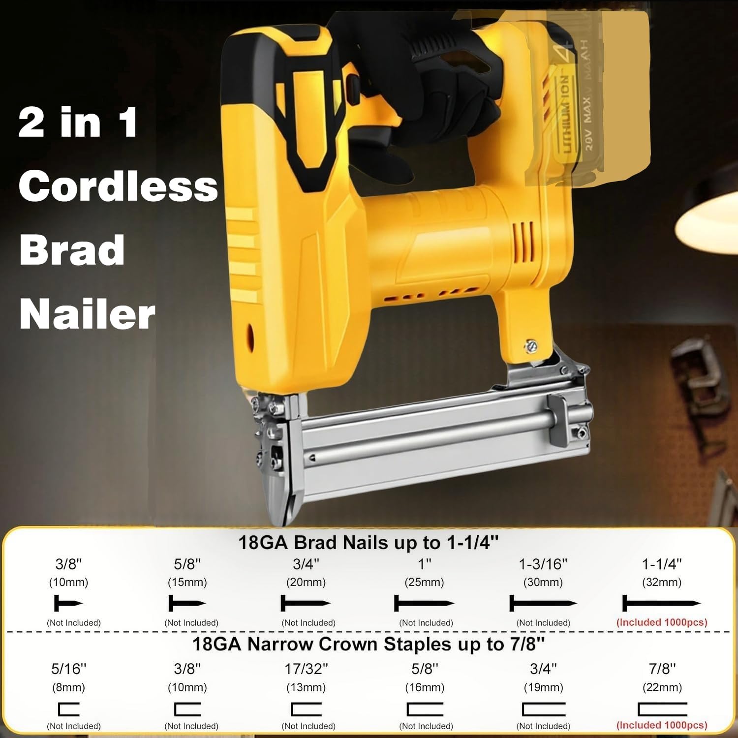 2 in 1 Cordless Brad Nailer Compatible with De wa-lt Battery, 18 Gauge Electric Nail Gun/Staple Gun with 1000 Nails & 1000 Staples for Upholstery Carpentry & Woodworking (Battery Not Include)