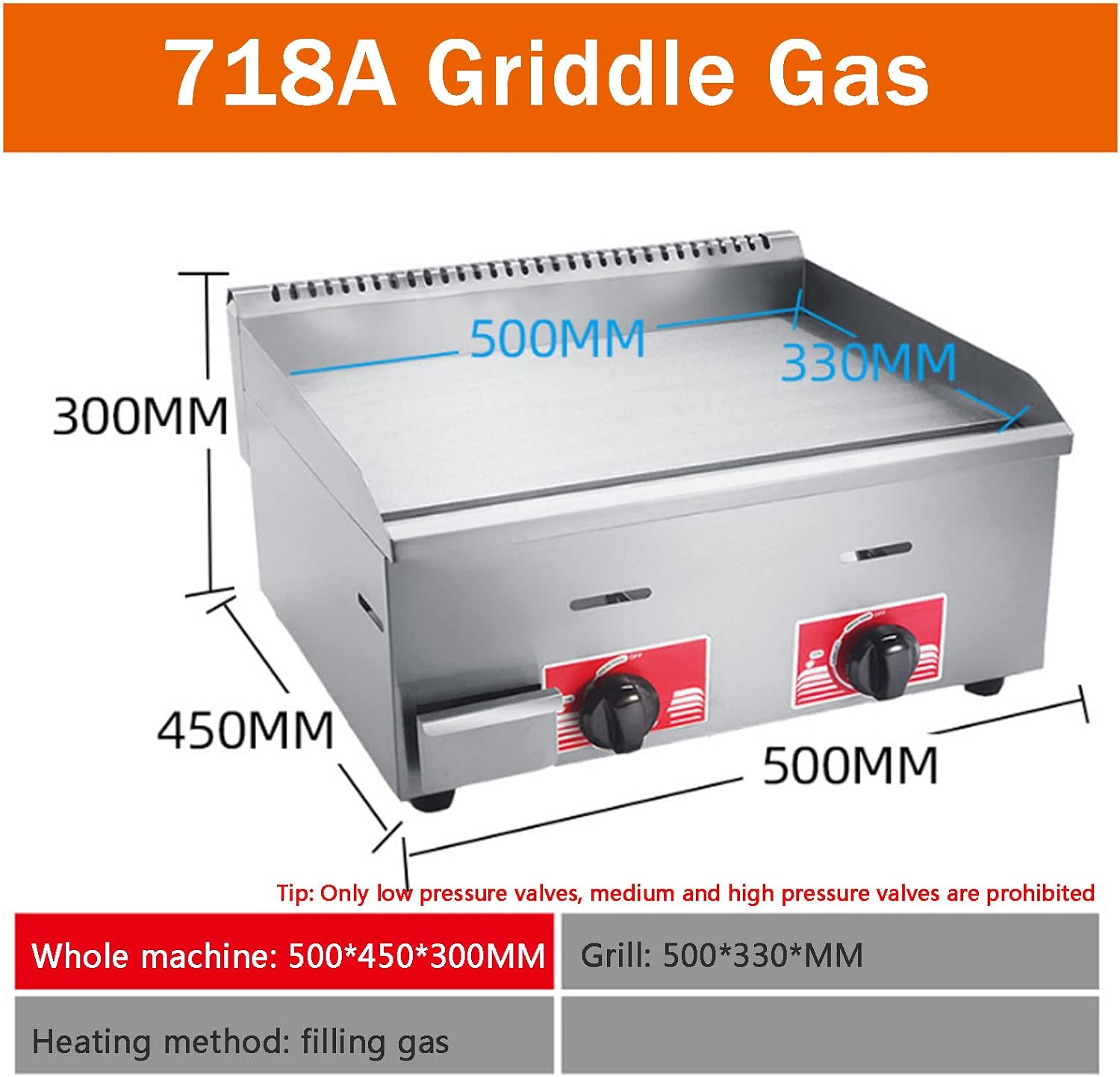 Stainless Steel Gas Burner Tabletop Gas BBQ, Portable Table Ttop Grill, Large Non-Stick Steel Griddle, Teppanyaki Cooking Plate, for Outdoor Catering, Easily Transported,718A (718a)