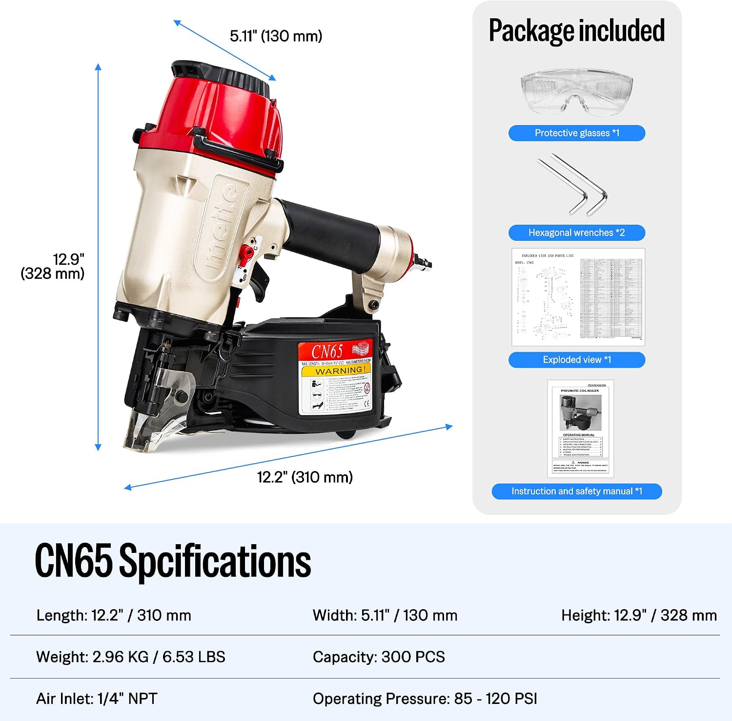 meite CN65 Coil Nailer Pneumatic Nail Gun 15 degree 1-1/2' to 2-1/2' Coil Nails, Heavy Duty Air Coil Nailer with Coil Nail Magazine 300PCS for Hardwood Projects Pallets Framing Sheathing