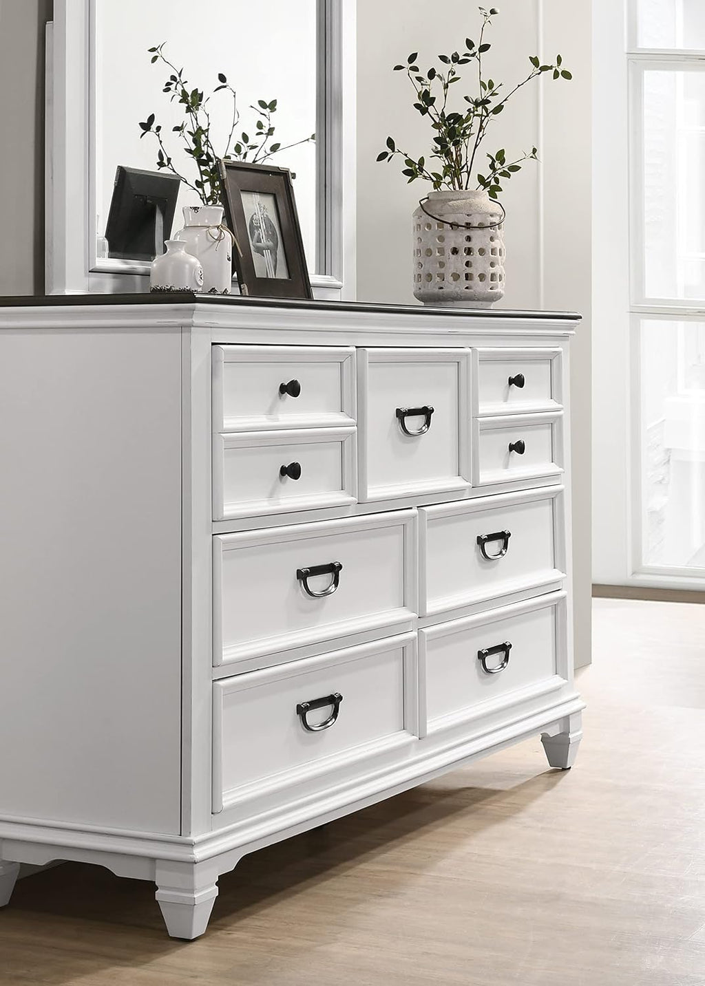 Clelane Wood Bedroom Set with Shiplap Panel Queen Bed, Dresser, Mirror, Nightstand, and Chest in Weathered White and Dark Gray