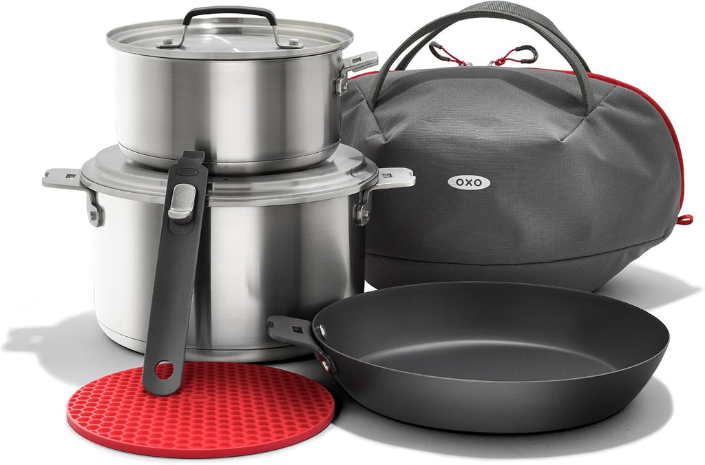 OXO Outdoor 8 Piece Camping Cookware Set, 10' Pre-Seasoned Carbon Steel Frying Pan Skillet, 2.25QT and 5QT Stainless Steel Saucepans with Lids, Removeable Handle, Trivet, Travel Bag, Space-Saving