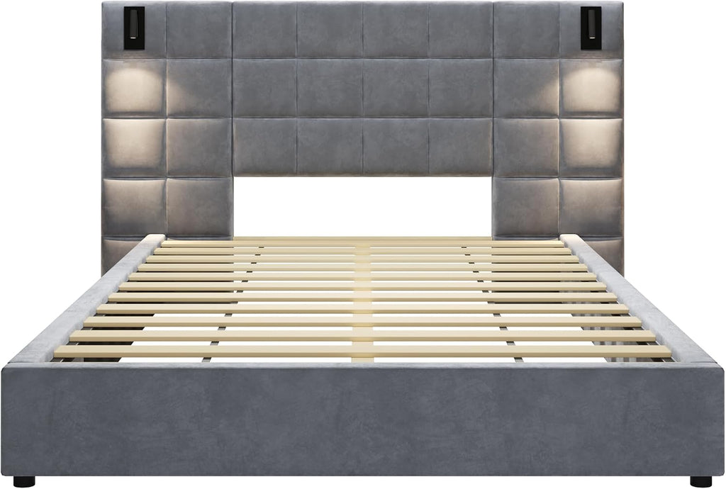 Christopher Knight Home Svens 46' High Headboard Bed, Queen Size Platform Bed Frame, Soft Velvet Bed Frame, Queen Size Headboard, Square Pattern Design with Reading Lamps and USB Ports, Grey