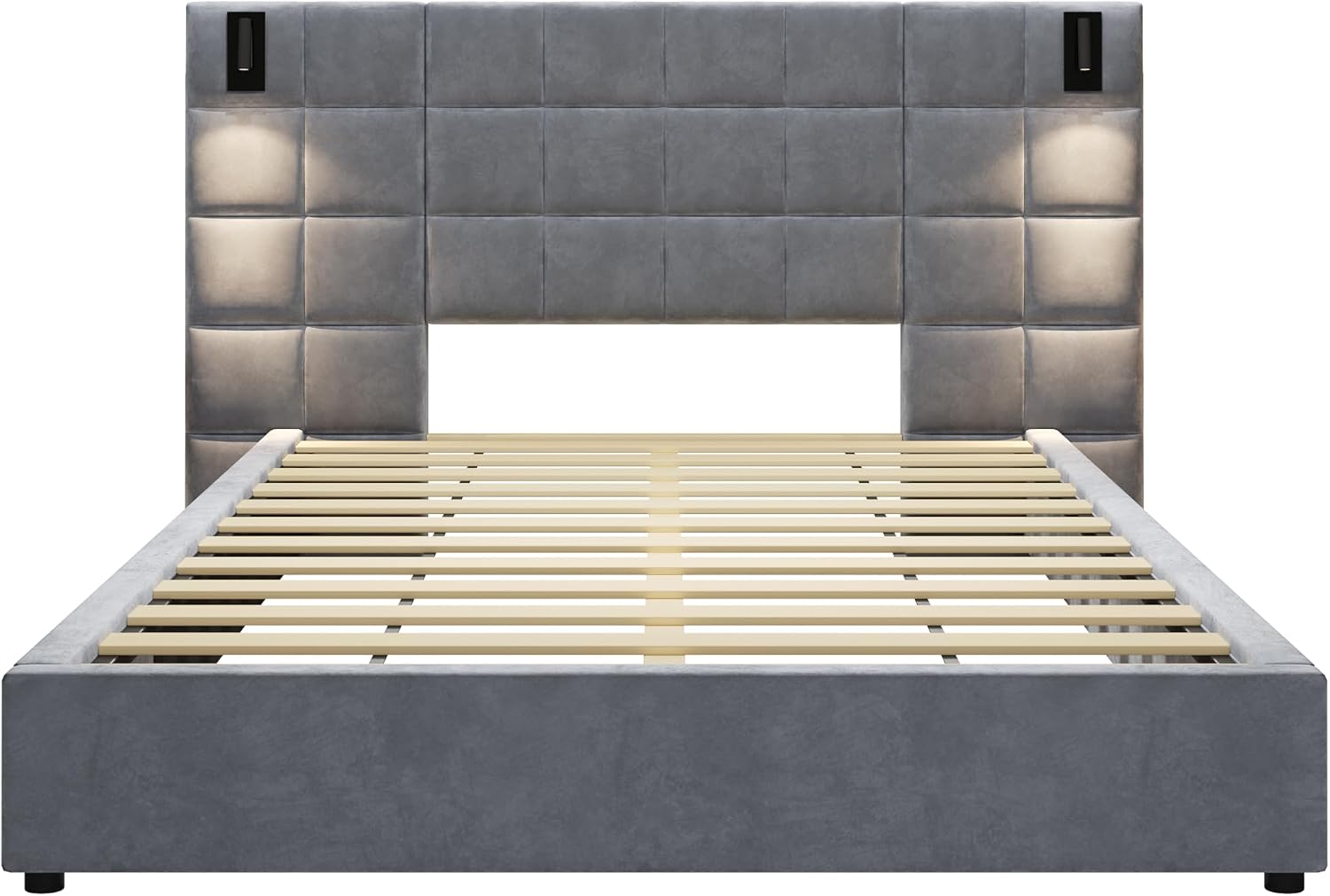 Christopher Knight Home Svens 46' High Headboard Bed, Queen Size Platform Bed Frame, Soft Velvet Bed Frame, Queen Size Headboard, Square Pattern Design with Reading Lamps and USB Ports, Grey