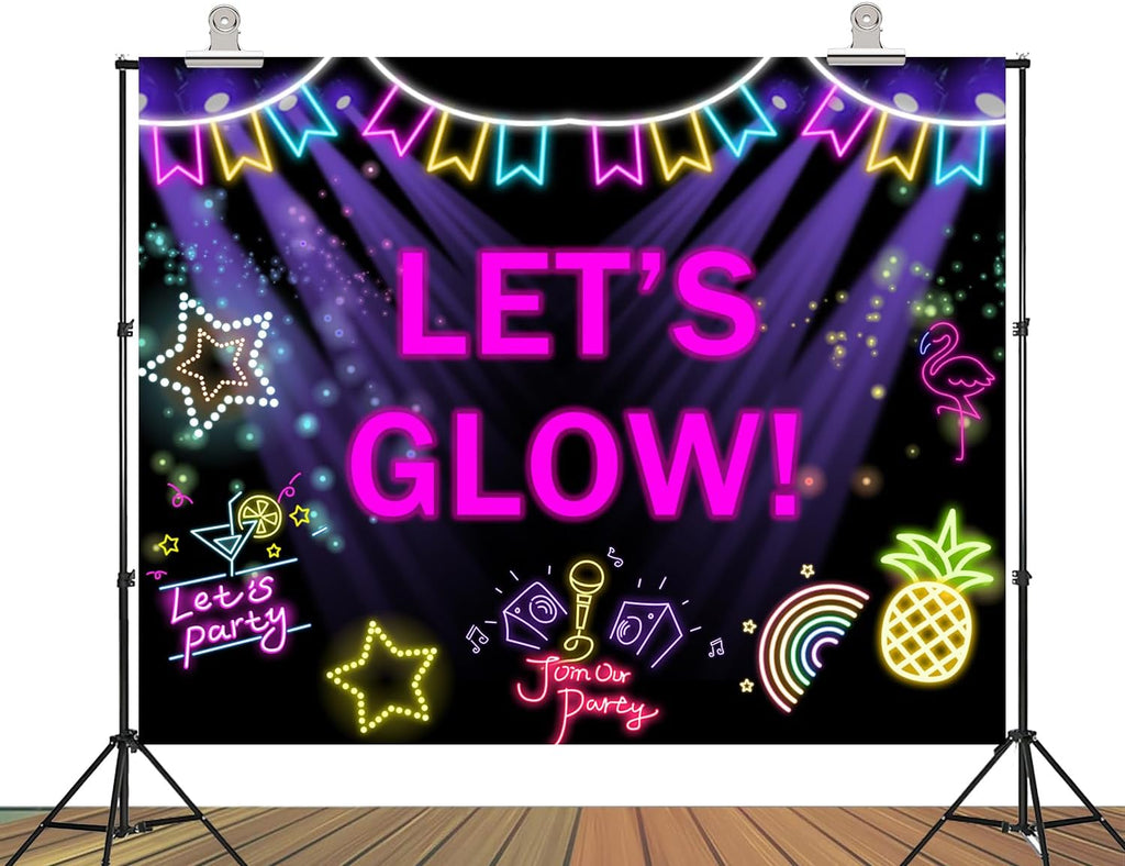 20x10ft Fabric Neon Backdrop Let's Glow Party Supplies Funny Cute Glitter Doodle Decoration Kids Birthday Party Celebration Day Party Photography Banner
