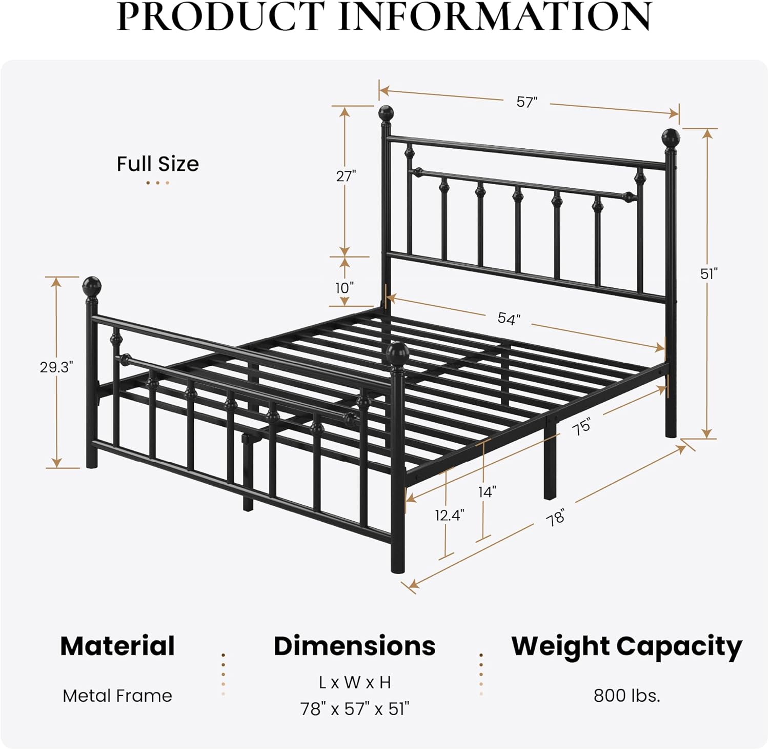 SHA CERLIN 14' Full Size Metal Platform Bed Frame/Victorian Headboard and Footboard/Steel Slats Mattress Foundation for Storage/No Box Spring Needed/Noise Free/Black