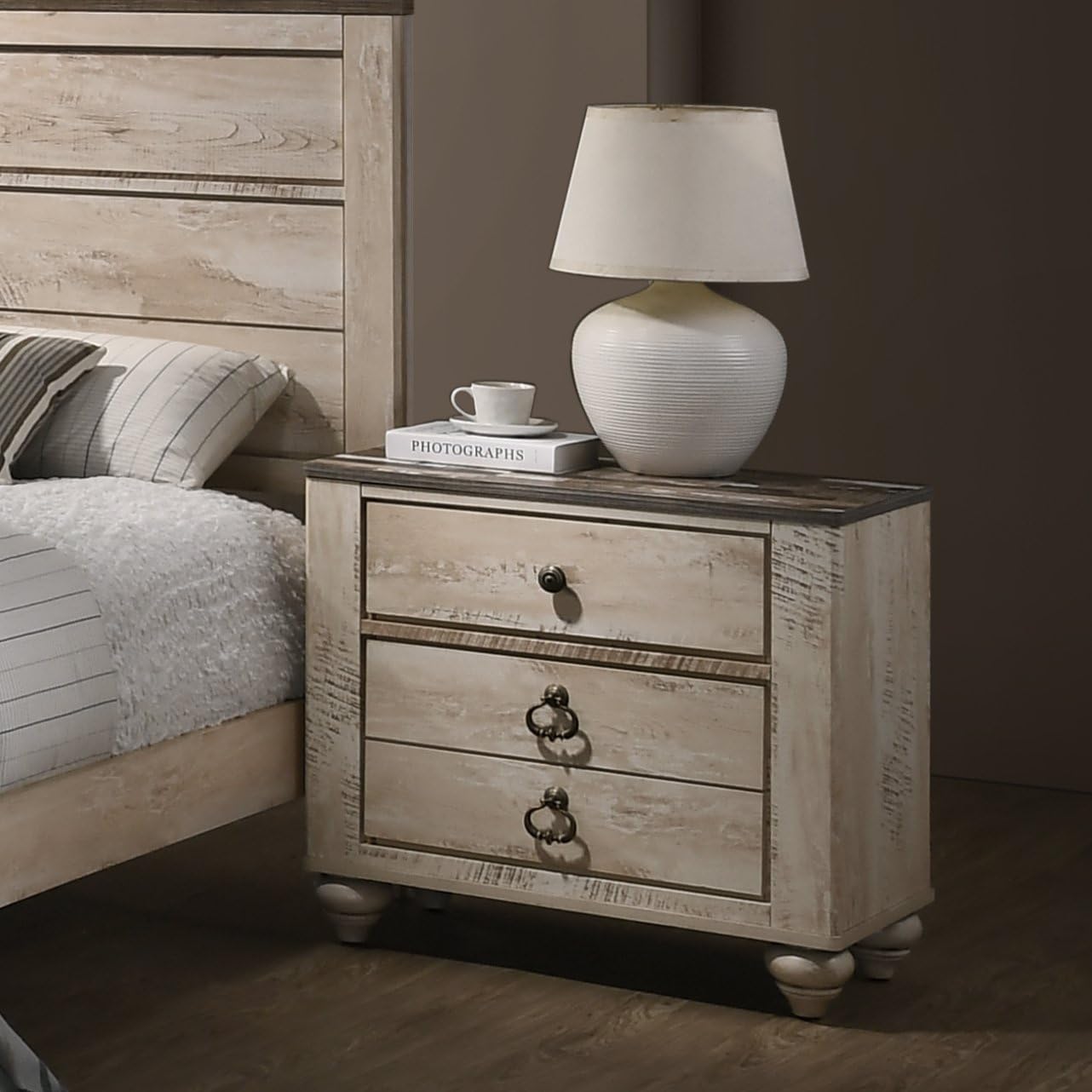 Roundhill Furniture Imerland Contemporary White Wash Finish 3-Piece Bedroom Set-Queen Bed and Two Nightstands
