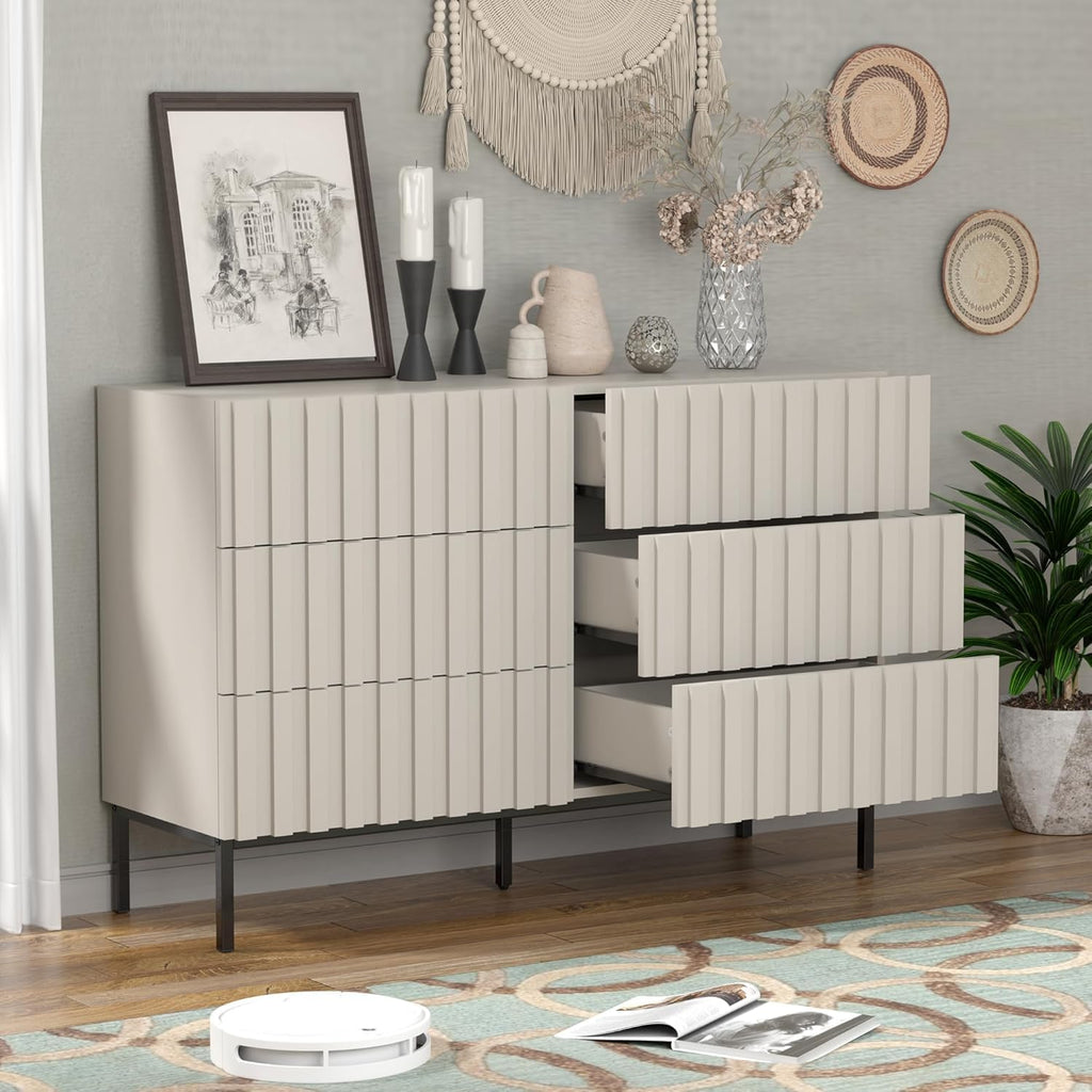UEV 3 Piece Dresser and Nightstand Sets for Bedroom, 47' Wide 6 Drawer Dresser & Nightstand Set of 2, Mid Century Modern Fluted Wooden Dressers Set, Bedroom Furniture Set (Milkly White)