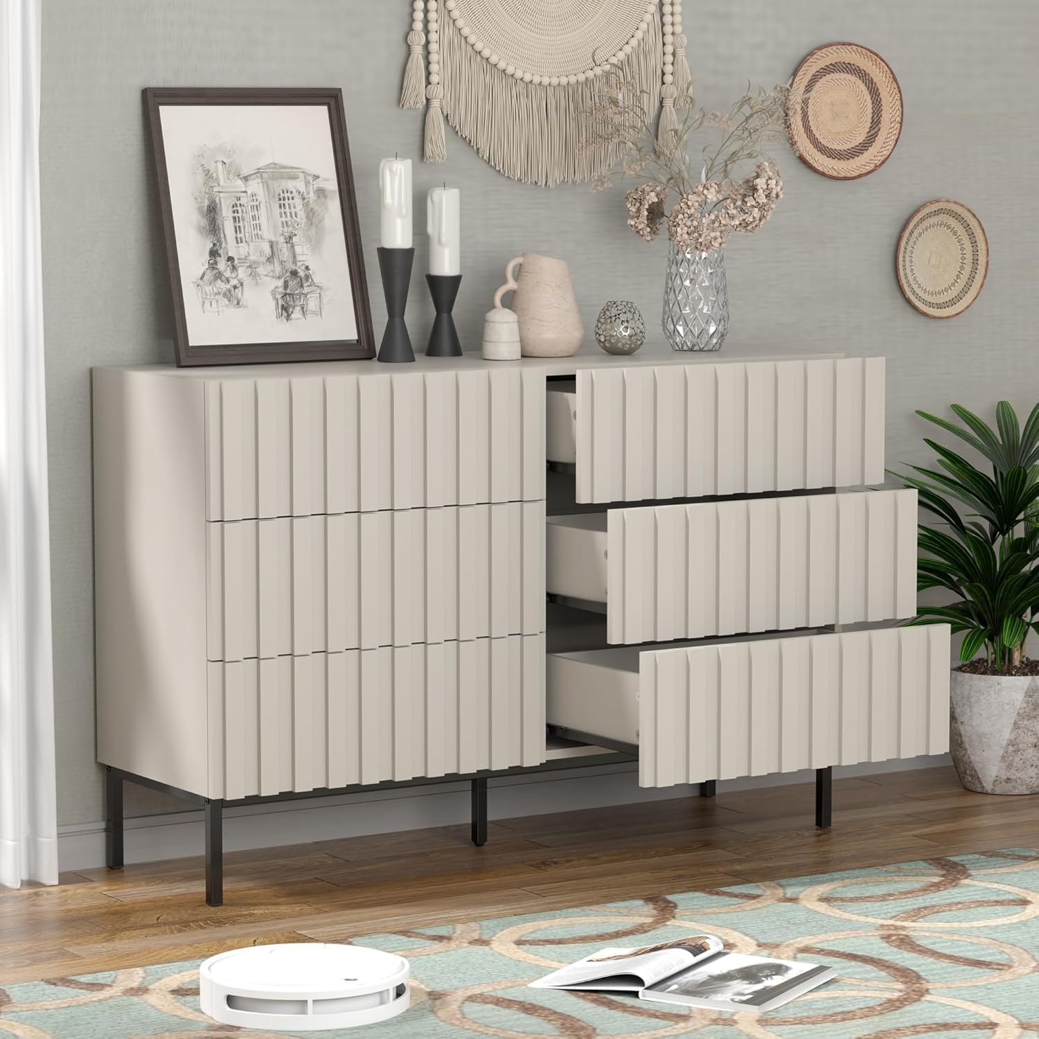 UEV 3 Piece Dresser and Nightstand Sets for Bedroom, 47' Wide 6 Drawer Dresser & Nightstand Set of 2, Mid Century Modern Fluted Wooden Dressers Set, Bedroom Furniture Set (Milkly White)