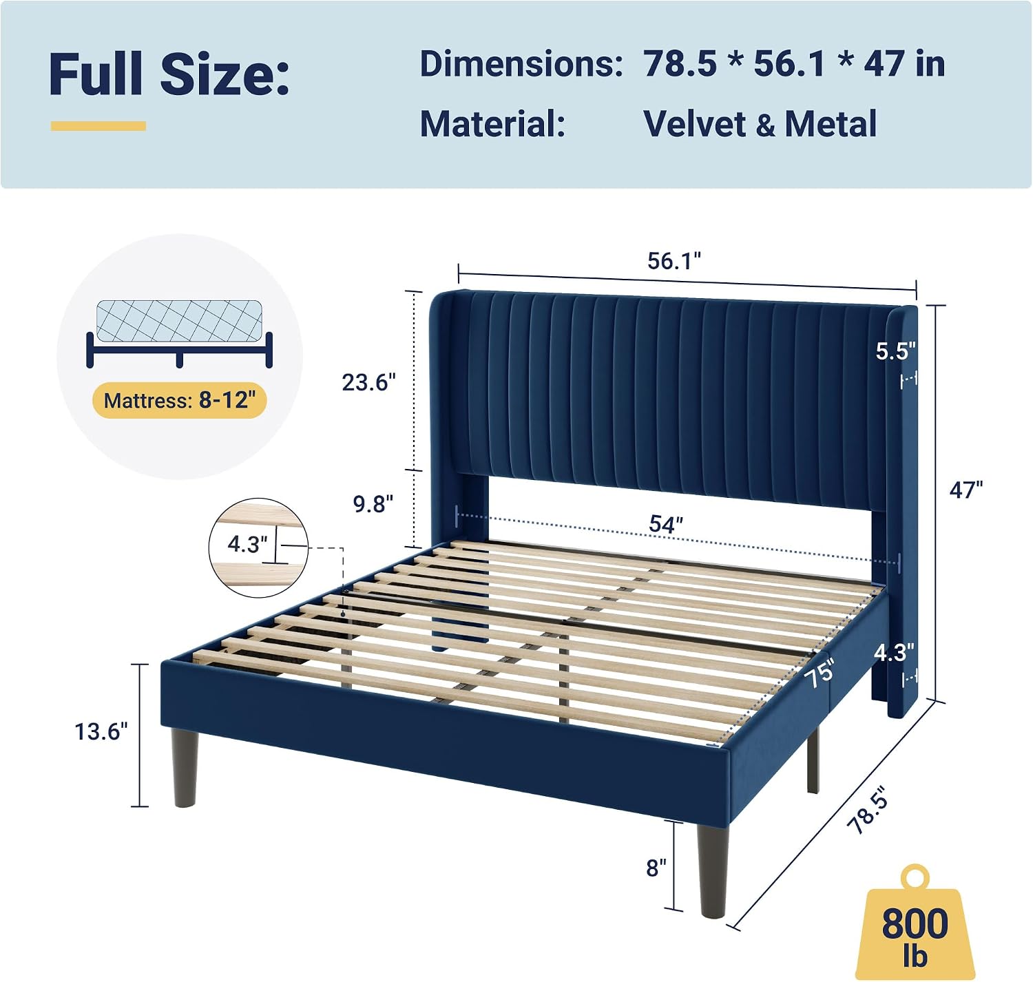 Allewie Full Size Velvet Bed Frame/Vertical Channel Tufted Wingback Headboard/Upholstered Platform Bed/Strong Wooden Slats/No Box Spring Needed/Easy Assembly/Blue