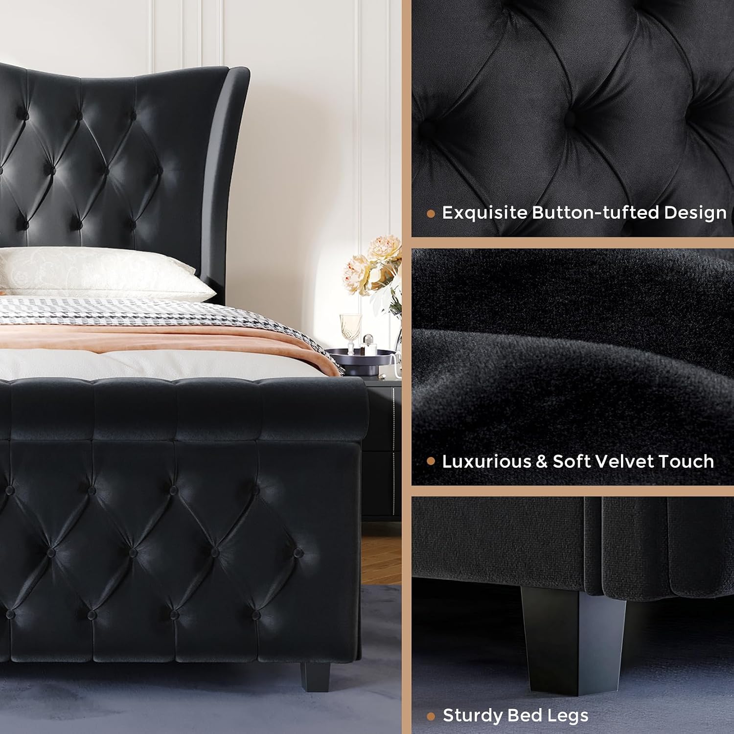 koorlian King Size Bed Frame,Velvet Upholstered Sleigh Bed with Scroll Wingback Headboard & Footboard,Luxury & Soft Button Tufted Modern Bed,Easy Assembly,No Box Spring Needed
