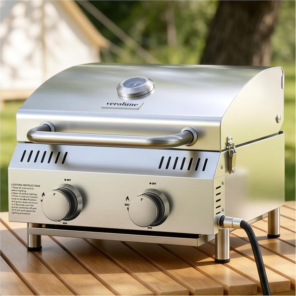 Veralune Tabletop Gas Grill, Small Propane Grill, Portable 2 Burner Gas Grill, Locking Lid, 20,000 BTUs, Built-in Thermometer, Stainless Steel
