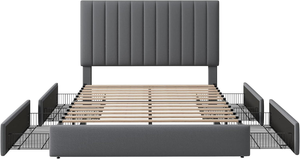 Allewie Queen Size Storage Bed Frame, Vertical Channel Tufted Adjustable Headboard, Velvet Upholstered Platform Bed with 4 Oversized Underbed Drawers, Wooden Slats Support, No Box Spring Needed, Grey