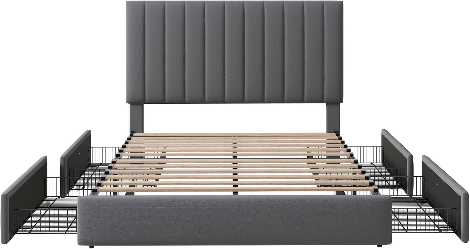 Allewie Queen Size Storage Bed Frame, Vertical Channel Tufted Adjustable Headboard, Velvet Upholstered Platform Bed with 4 Oversized Underbed Drawers, Wooden Slats Support, No Box Spring Needed, Grey