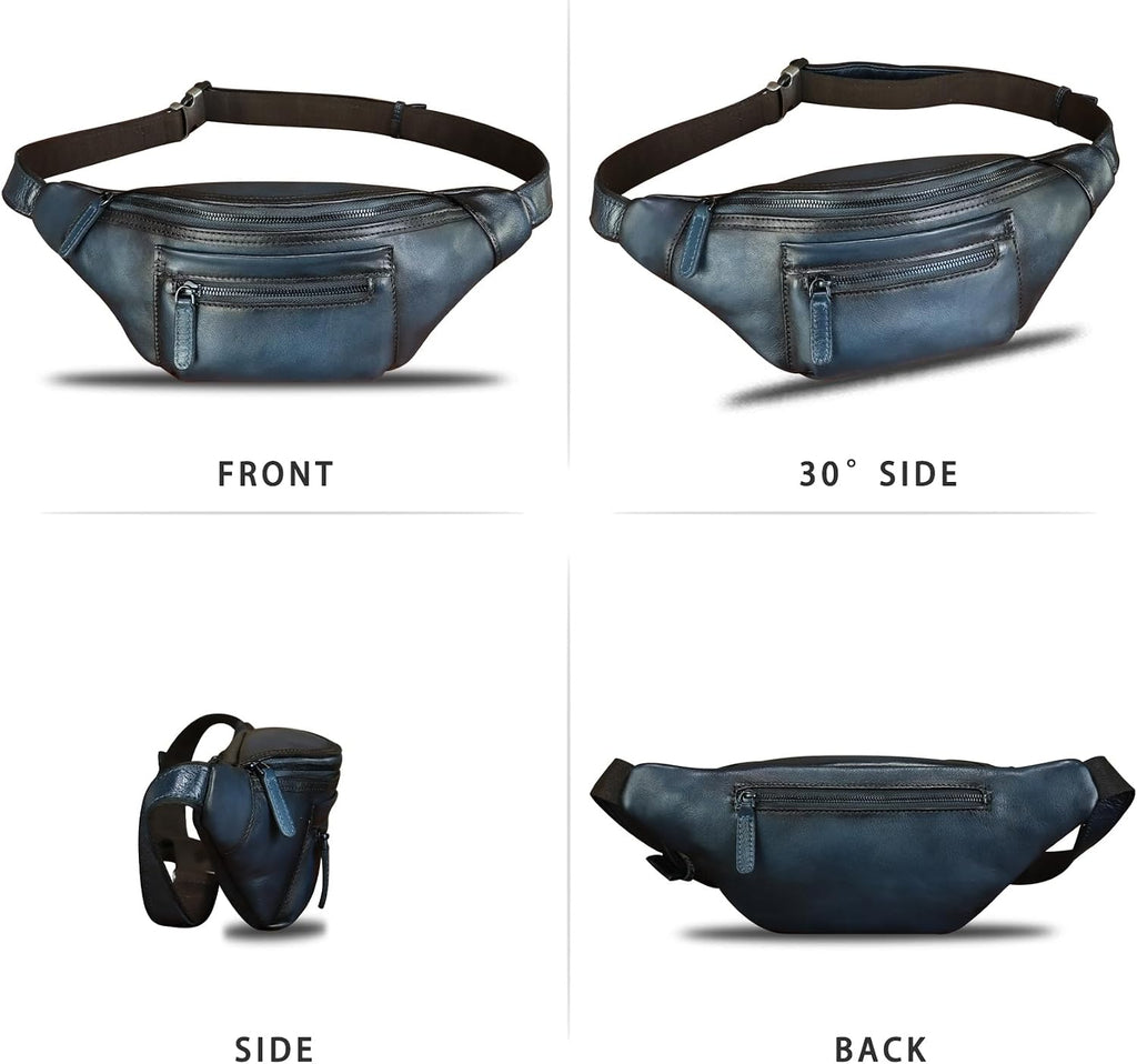 Genuine Leather Fanny Pack for Men and Women Vintage Handmade Leather Waist Bag Sling Backpack Hip Purse Crossbody Bag (Blue)