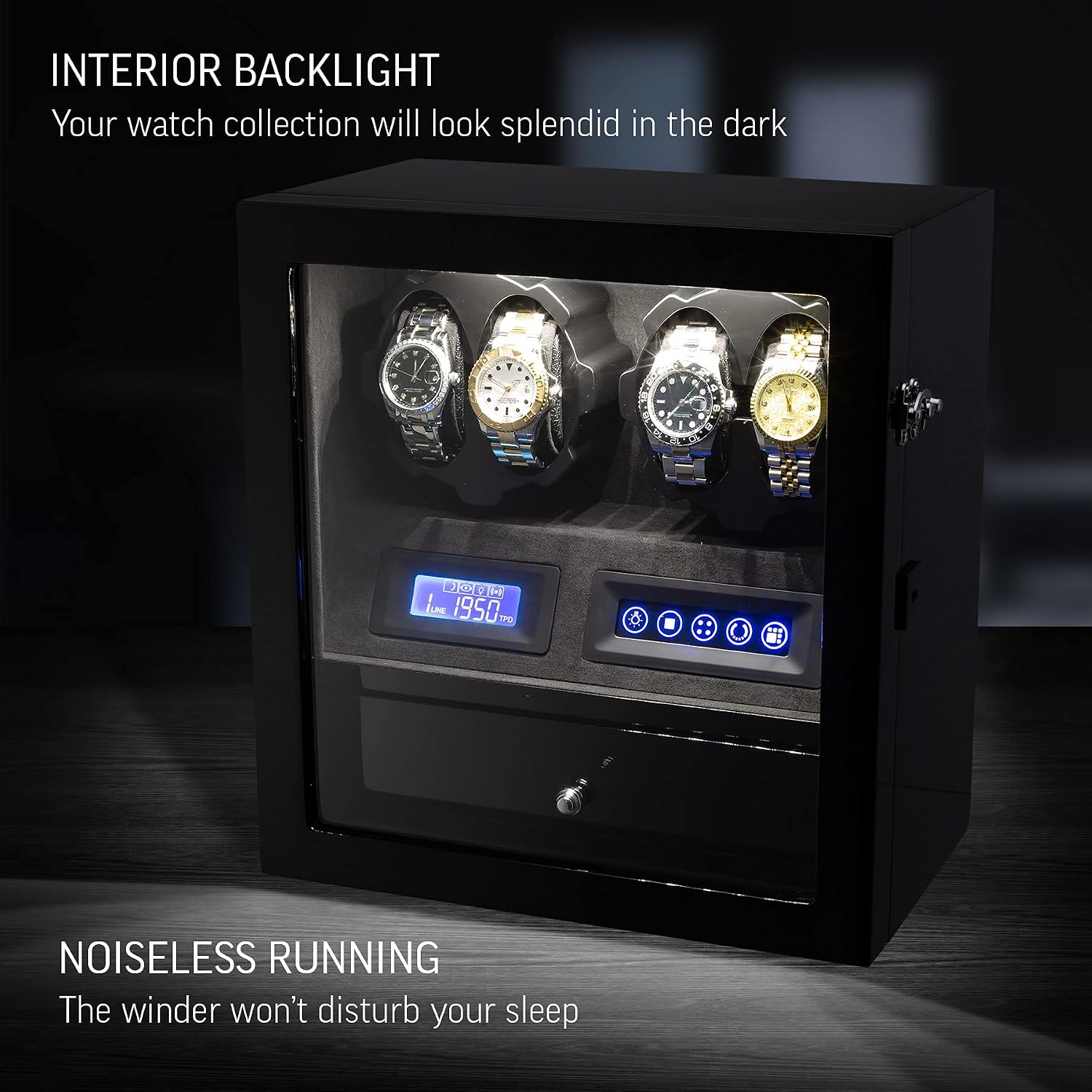 4 Watch Winder with 5 Watch Storage Space, LCD Display, Touch Control and Interior Light