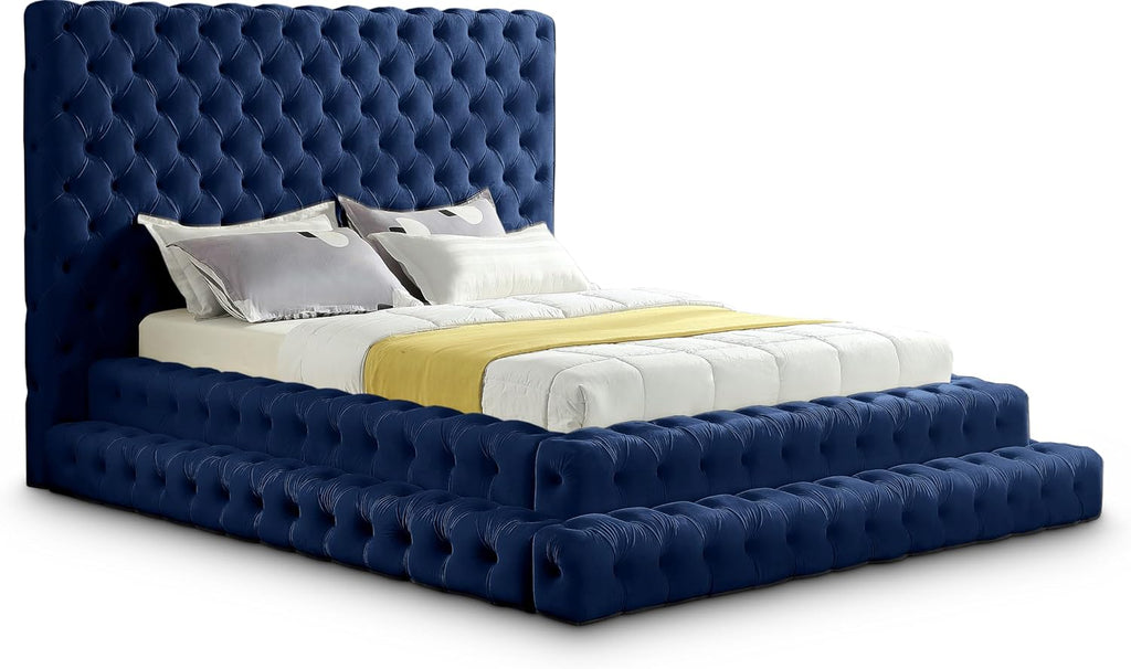 Meridian Furniture RevelNavy-Q Revel Collection Modern | Contemporary Navy Velvet Upholstered Bed with Deep Button Tufting, 85' W x 98' D x 60' H, Navy, Queen