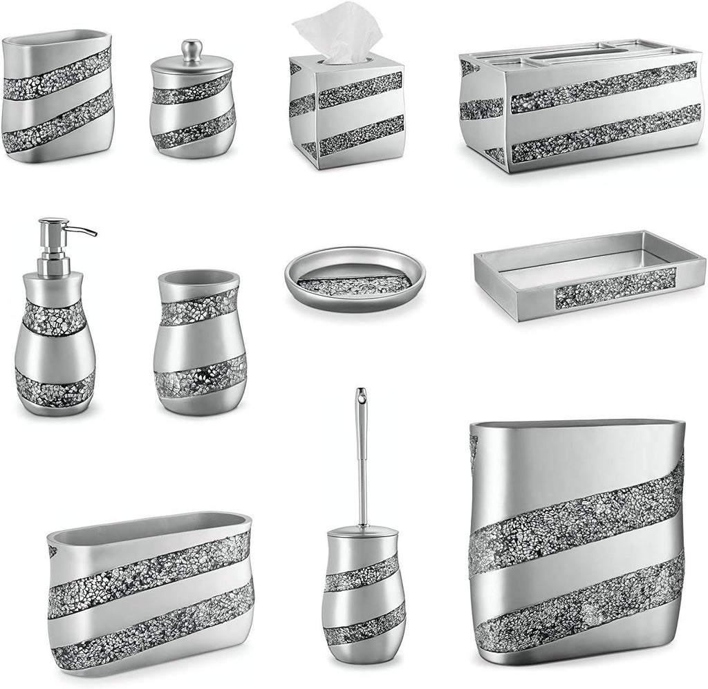Creative Scents Silver Mosaic Bathroom Accessories Set Complete - 6 Piece Bathroom Set Includes: Bathroom Trash Can, Tissue Cover, Soap Dispenser, Toothbrush Holder, Tumbler & Soap Dish