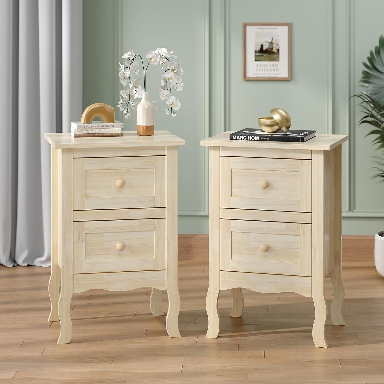 VINGLI Nightstands Set of 2, Unfinished Solid Wood Nightstand Color DIY, Small Nightstand for Bedroom, Natural Wood Night Stand with Drawers, Light Wood Night Stands, Real Wooden Bedside Table