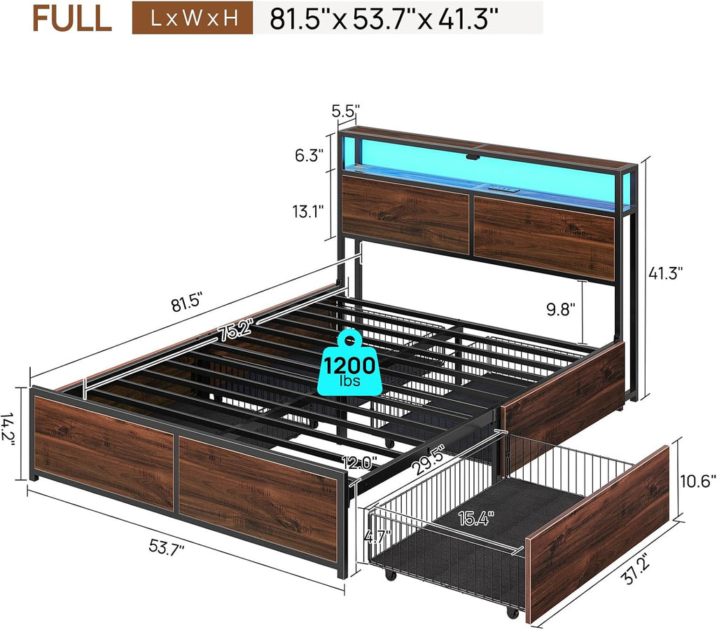 Rolanstar Full Size Bed Frame with 4 Storage Drawers, Charging Station and LED Lights, Metal Platform Bed with 2-Tier Storage Headboard, No Box Spring Needed, Easy Assembly, Noise-Free, Walnut