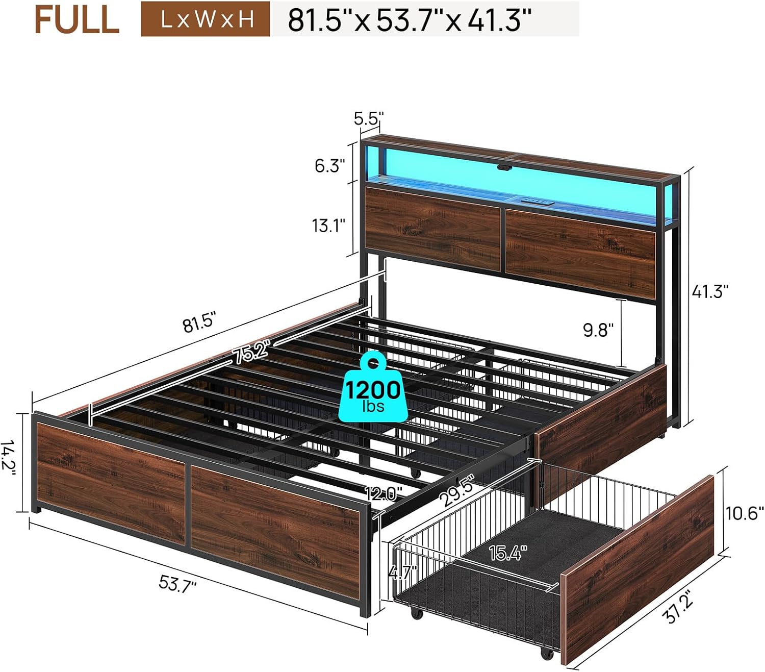 Rolanstar Full Size Bed Frame with 4 Storage Drawers, Charging Station and LED Lights, Metal Platform Bed with 2-Tier Storage Headboard, No Box Spring Needed, Easy Assembly, Noise-Free, Walnut