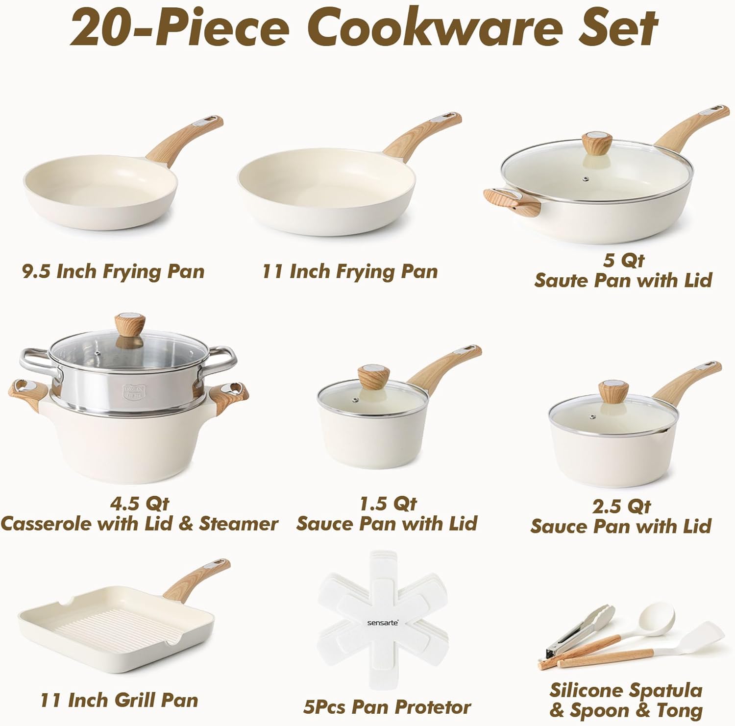 SENSARTE Ceramic Cookware Sets, Pots and Pans Set Nonstick, 20-Piece Induction Cookware, Non-toxic Healthy Non Stick Kitchen Cooking Set with Stay-Cool Handles, PFAS PTFE PFOA PFOS Free