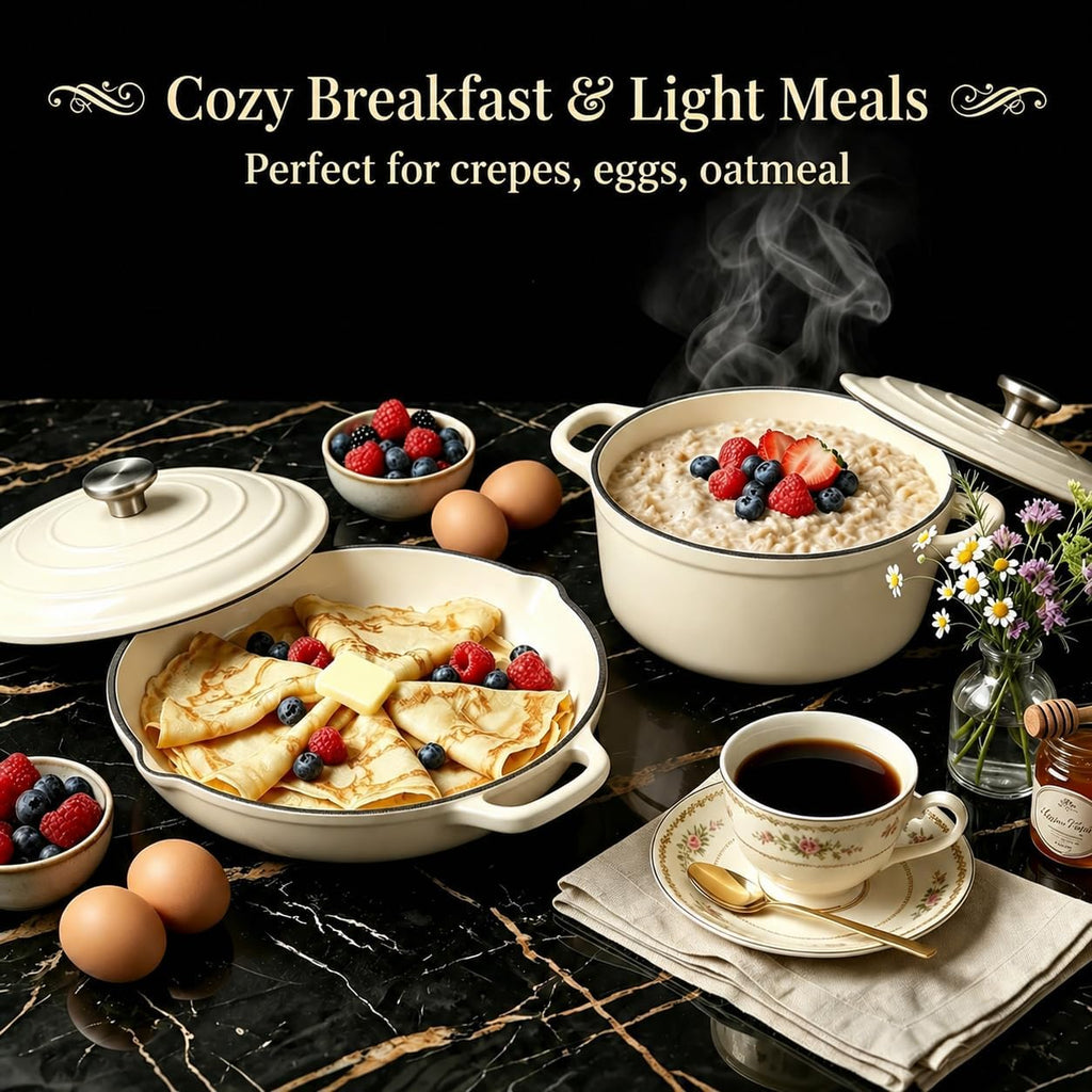 Nonstick Enameled Cast Iron Cookware Set - 8 Piece Pots and Pans with Lid, Frying Pan, Skillet, Dutch Oven Set for All Stovetops, Ideal for Sourdough Bread Baking, Comes with Organizer, Cream White