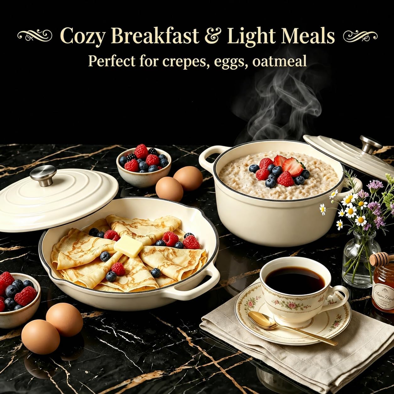 Nonstick Enameled Cast Iron Cookware Set - 8 Piece Pots and Pans with Lid, Frying Pan, Skillet, Dutch Oven Set for All Stovetops, Ideal for Sourdough Bread Baking, Comes with Organizer, Cream White
